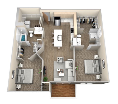 Floor plan for 2 beds, 2 baths, 1051 sqft